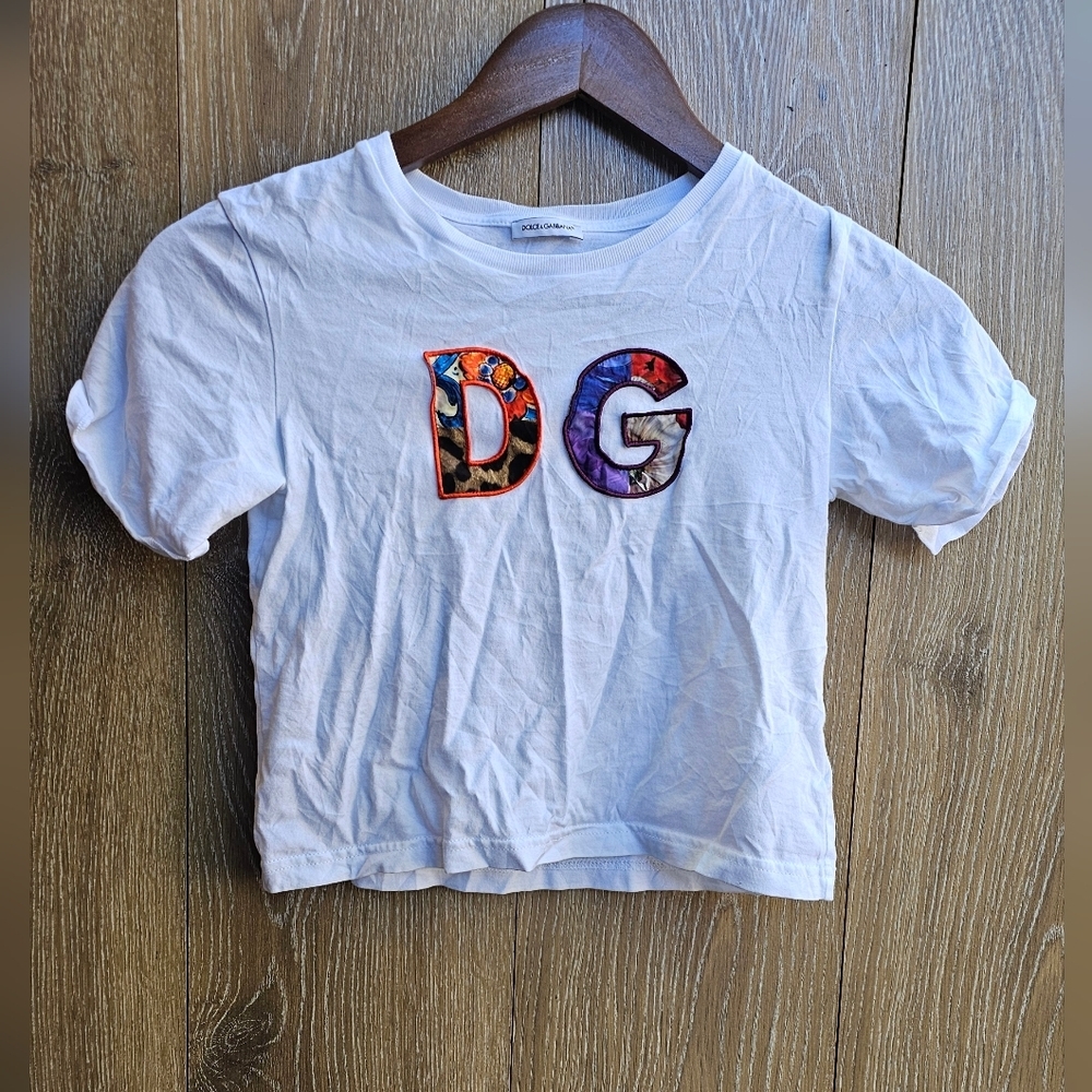 Dolce & Gabbana JR Patchwork Kids White Tee with Multicolor DG Embroidery Size 5